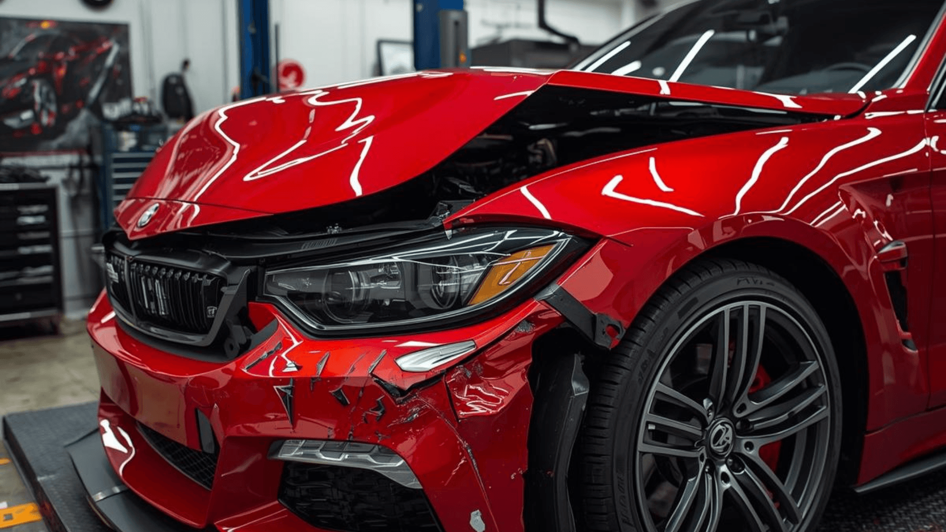 Red sports car with a buckled hood inside the VICE shop